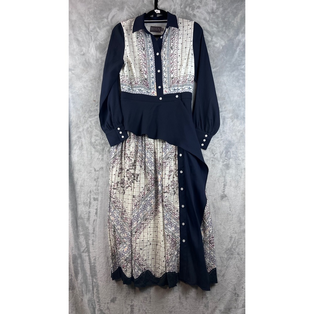 NNA ENJOY Maxi Dress Small Boho Modest Navy Mixed Print Asymmetrical Peplum - Picture 7 of 11